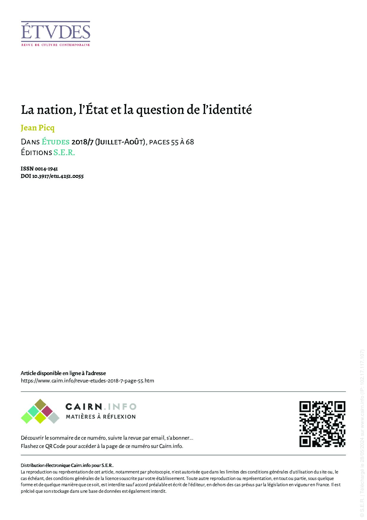 La nation, l'Etat et la question de l'identite