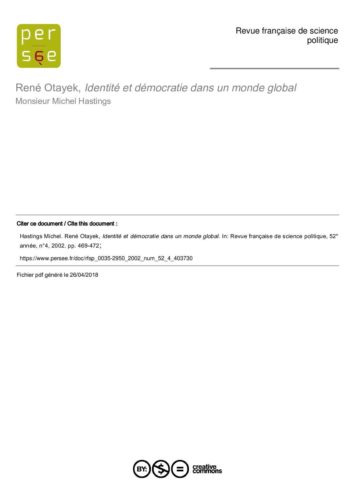 René Otayek, Identité et démocratie dans un monde global