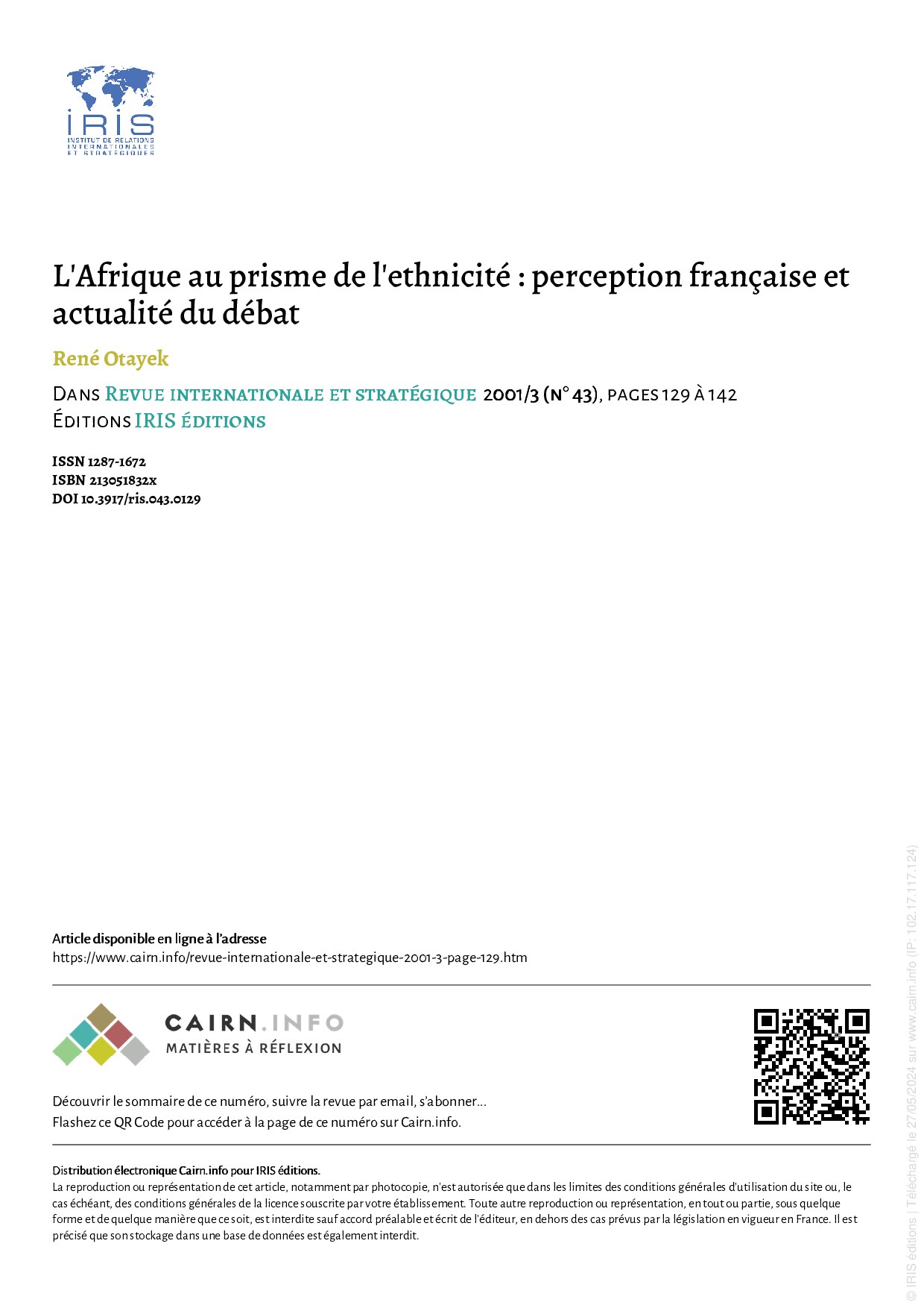 L'Afrique au prisme de l'ethnicite : perception francaise et actualite du debat