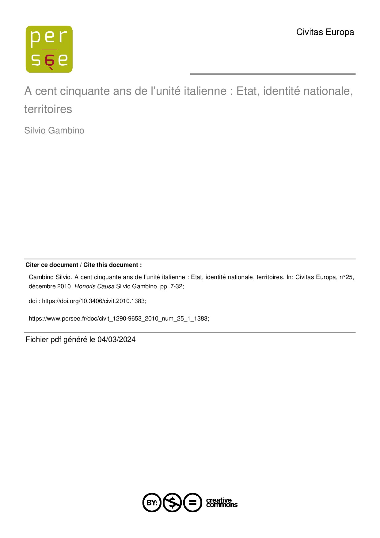 A cent cinquante ans de l'unité italienne